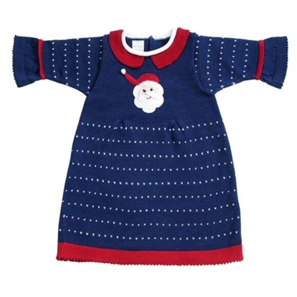 Handmade knit baby christmas Mélange Collection Santa Dress In Navy & Red - Picture 1 of 15